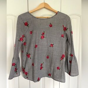 Ces Femme Grey Stripe Red Floral Blouse